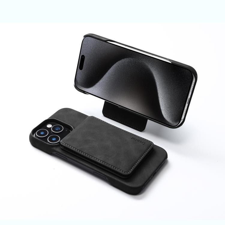 For iPhone 16 Denior D28 Retro Texture RFID MagSafe Vertical Flip Card-slot Phone Case(Black) by Denior