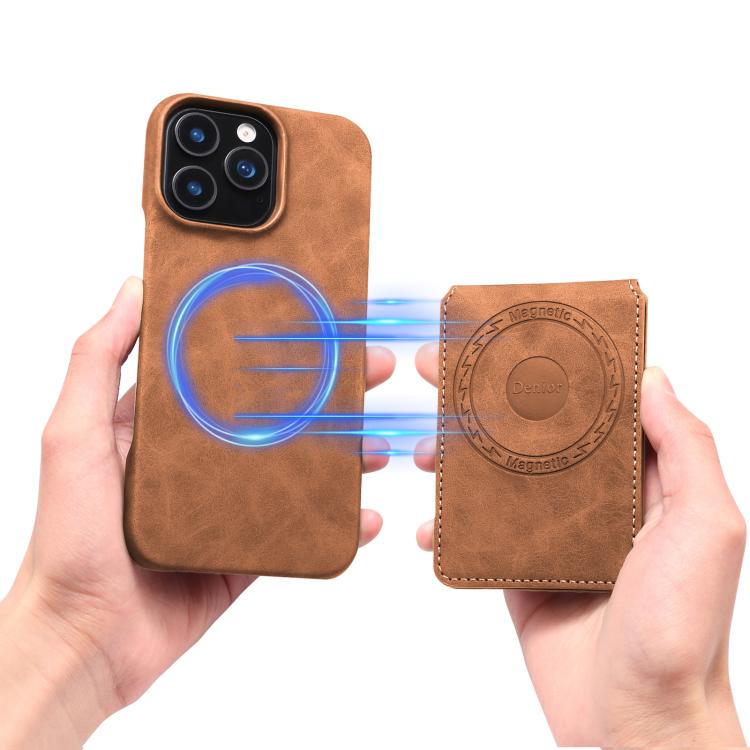 For iPhone 16 Denior D28 Retro Texture RFID MagSafe Vertical Flip Card-slot Phone Case(Brown) by Denior