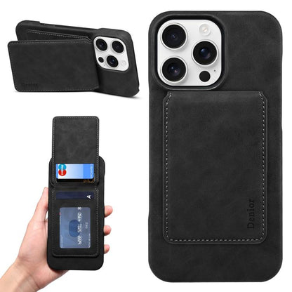 For iPhone 16 Pro Denior D28 Retro Texture RFID MagSafe Vertical Flip Card-slot Phone Case(Black) by Denior
