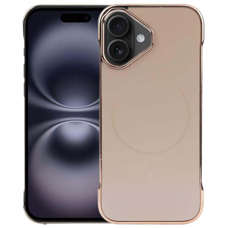 For iPhone 16 Electroplating Frameless Frosted Anti-Glare PC MagSafe Phone Case(Desert Gold) by bashfashion