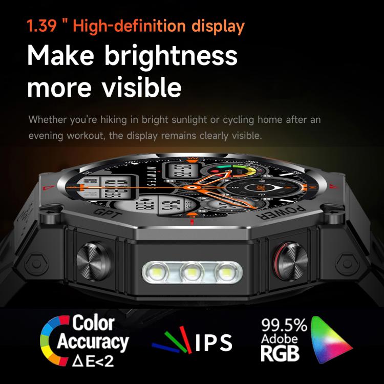 KC91 1.39 inch IPS Screen 3ATM Outdoor GPS Smart Watch with Flashlight(Black) by bashfashion