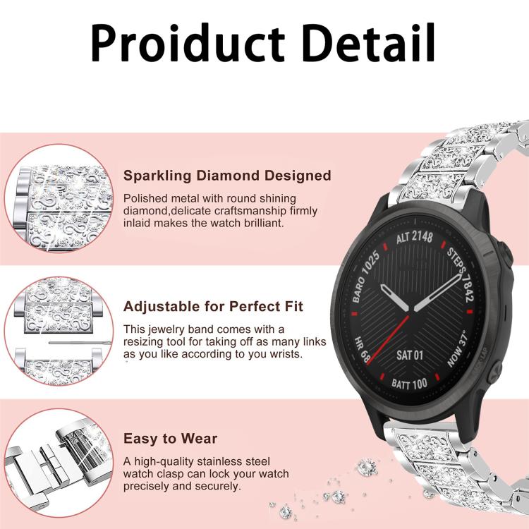 For Garmin Fenix 8/7S/6S/5S 20mm 18mm xDfind Diamond Jewelry Stainless Steel Watch Band(Black) by xDfind