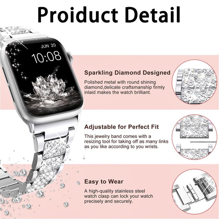 For Apple Watch 42 / 44 / 45 / 46 / 49mm xDfind Diamond Jewelry Stainless Steel Watch Band(Silver) by xDfind