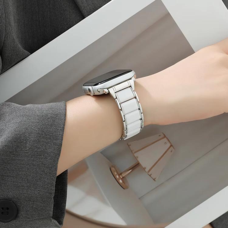 For Apple Watch 46mm / 49mm / 45mm / 44mm Three Beads Ceramics 18mm Steel Watch Band(Rose Gold White) by bashfashion