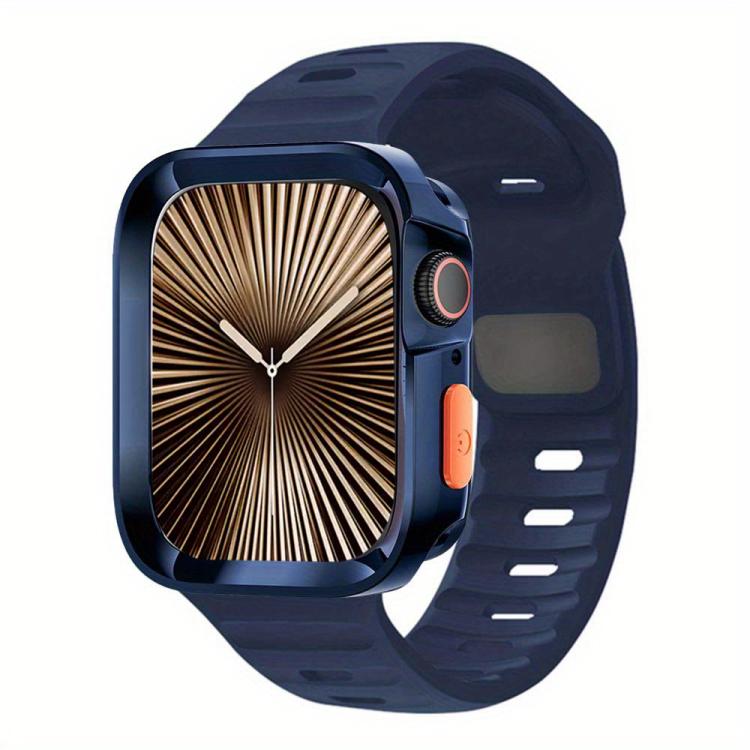 For Apple Watch Series 10 / 11 46mm Wave Texture Reverse Buckle Silicone Watch Band with TPU Case(Dark Blue) by bashfashion