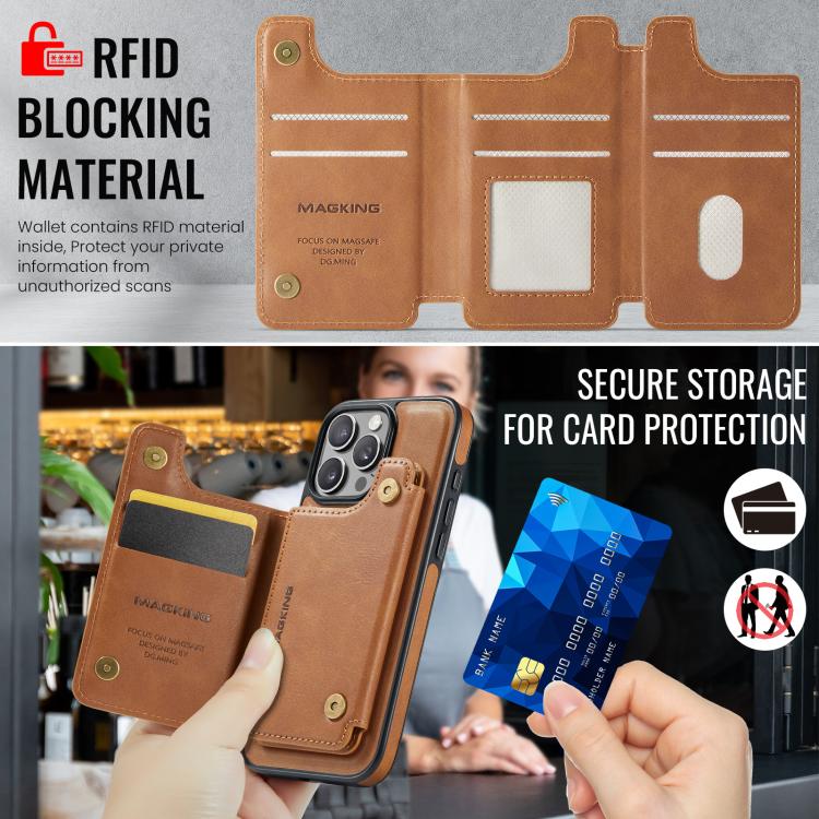 For iPhone 16 Pro Max MAGKING K3 Series MagSafe RFID Card Bag Detachable Phone Case(Brown) by MAGKING