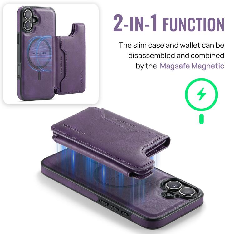 For iPhone 16 Plus MAGKING K3 Series MagSafe RFID Card Bag Detachable Phone Case(Purple) by MAGKING