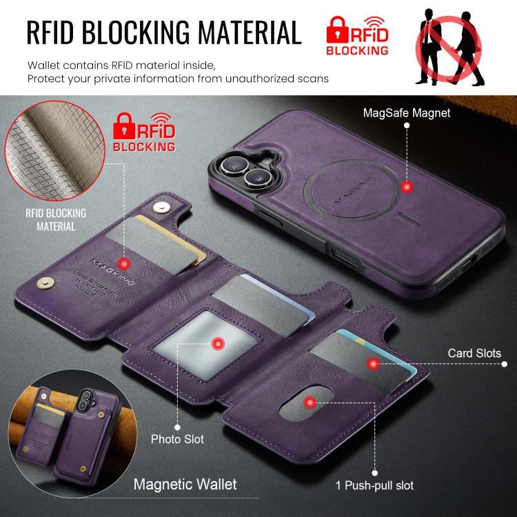 For iPhone 16 Plus MAGKING K3 Series MagSafe RFID Card Bag Detachable Phone Case(Purple) by MAGKING