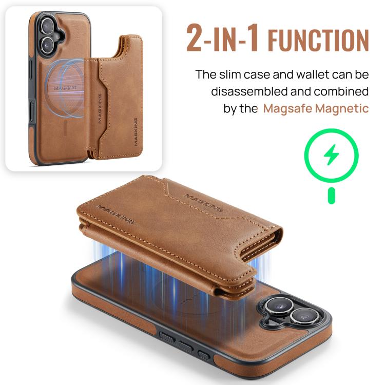 For iPhone 16 MAGKING K3 Series MagSafe RFID Card Bag Detachable Phone Case(Brown) by MAGKING
