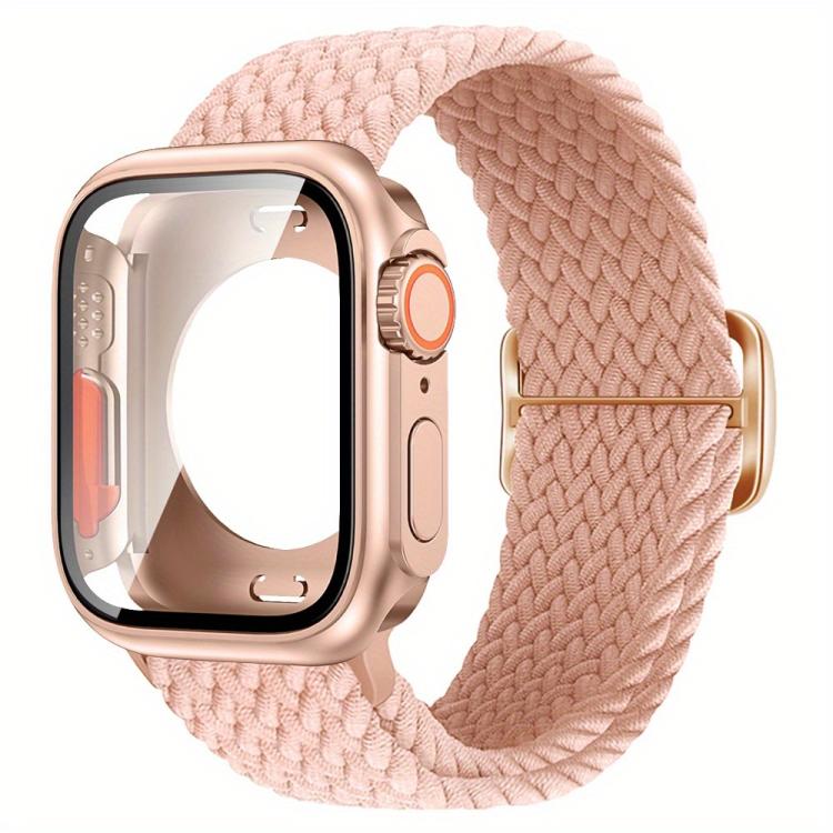 For Apple Watch Series 10 / 11 46mm Ladder Buckle Loop Nylon Watch Band with Change to Ultra 49mm Film PC Cover(Pink) by bashfashion