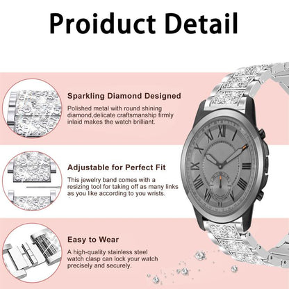 For Fossil Q Machine Hybrid Watch 22mm xDfind Diamond Jewelry Stainless Steel Watch Band(Black) by xDfind
