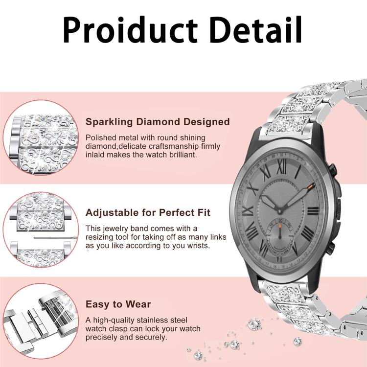 For Fossil Q Machine Hybrid Watch 22mm xDfind Diamond Jewelry Stainless Steel Watch Band(Silver) by xDfind