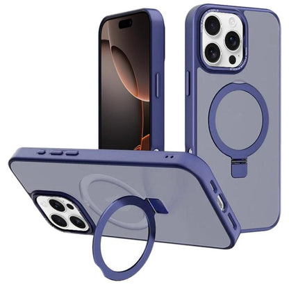 For iPhone 16 Pro Kalebol Metal Lens Frame MagSafe Holder Frosted PC Phone Case(Navy Blue) by Kalebol