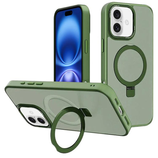 For iPhone 16 Kalebol Metal Lens Frame MagSafe Holder Frosted PC Phone Case(Dark Green) by Kalebol