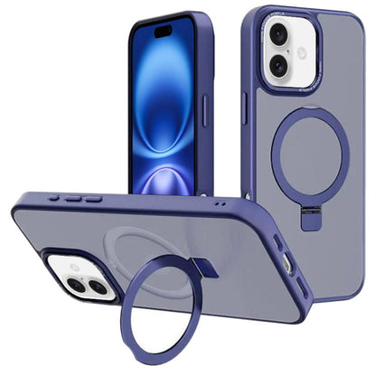 For iPhone 16 Kalebol Metal Lens Frame MagSafe Holder Frosted PC Phone Case(Navy Blue) by Kalebol