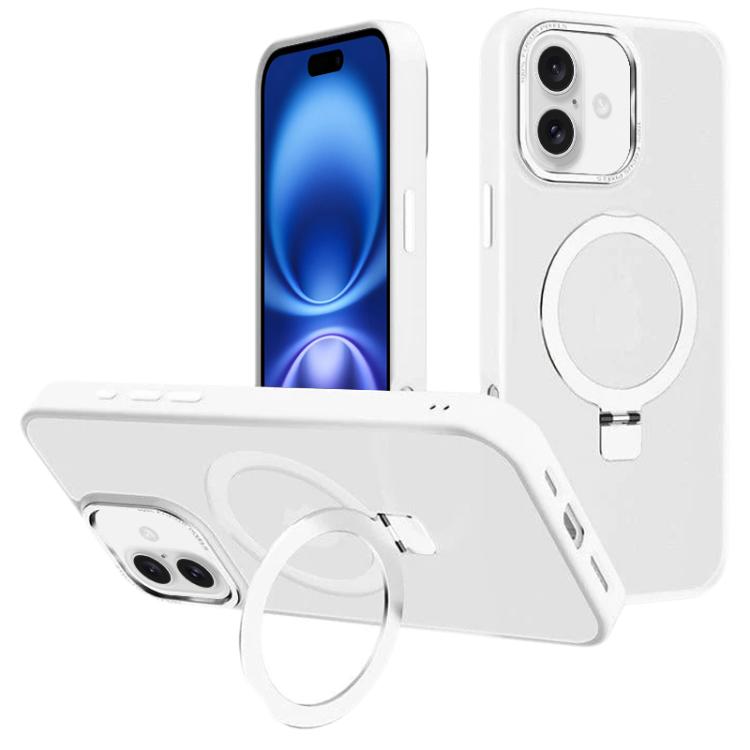 For iPhone 16 Kalebol Metal Lens Frame MagSafe Holder Frosted PC Phone Case(Frosted White) by Kalebol