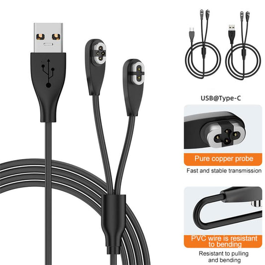 Type-C to 2 Pin / 4 Pin 2 in 1 Magnetic Charging Cable For Shokz Bone Conduction Earphone(Black) by bashfashion