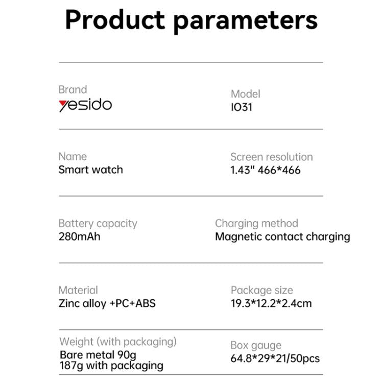 Yesido IO31 1.43 inch AMOLED Screen Smart Watch Support BT Call / Heart Rate(Black) by Yesido