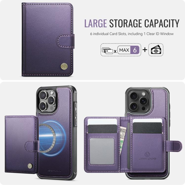 For iPhone 16 Pro Max JEEHOOD J09 Buckle Card Bag MagSafe Magnetic Style RFID Leather Phone Case(Purple) by JEEHOOD