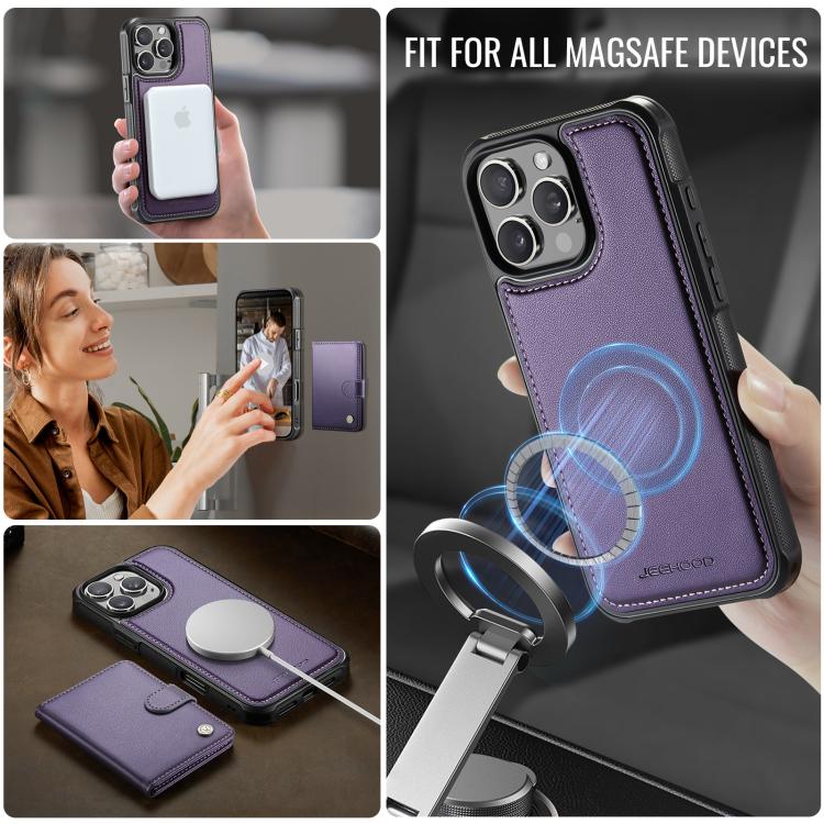 For iPhone 16 Pro Max JEEHOOD J09 Buckle Card Bag MagSafe Magnetic Style RFID Leather Phone Case(Purple) by JEEHOOD
