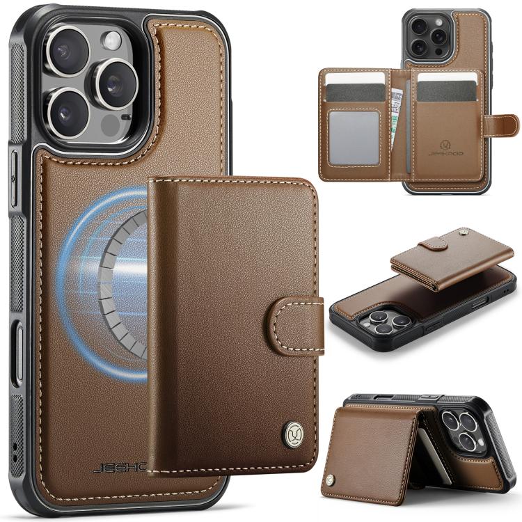 For iPhone 16 Pro Max JEEHOOD J09 Buckle Card Bag MagSafe Magnetic Style RFID Leather Phone Case(Brown) by JEEHOOD