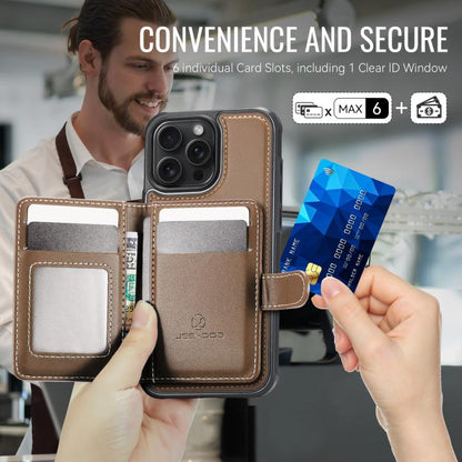 For iPhone 16 Pro Max JEEHOOD J09 Buckle Card Bag MagSafe Magnetic Style RFID Leather Phone Case(Brown) by JEEHOOD
