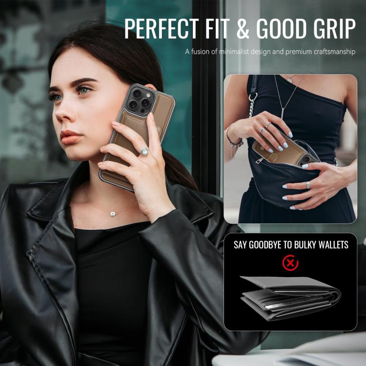 For iPhone 16 Pro Max JEEHOOD J09 Buckle Card Bag MagSafe Magnetic Style RFID Leather Phone Case(Brown) by JEEHOOD