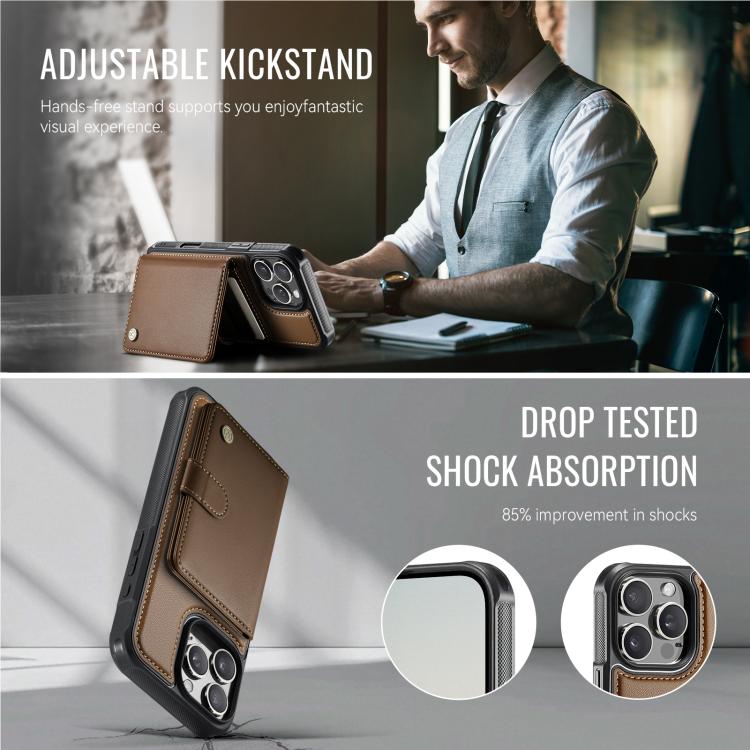 For iPhone 16 Pro Max JEEHOOD J09 Buckle Card Bag MagSafe Magnetic Style RFID Leather Phone Case(Brown) by JEEHOOD