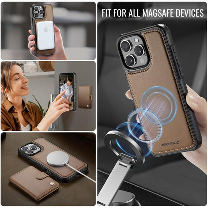 For iPhone 16 Pro Max JEEHOOD J09 Buckle Card Bag MagSafe Magnetic Style RFID Leather Phone Case(Brown) by JEEHOOD