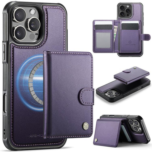 For iPhone 16 Pro JEEHOOD J09 Buckle Card Bag MagSafe Magnetic Style RFID Leather Phone Case(Purple) by JEEHOOD