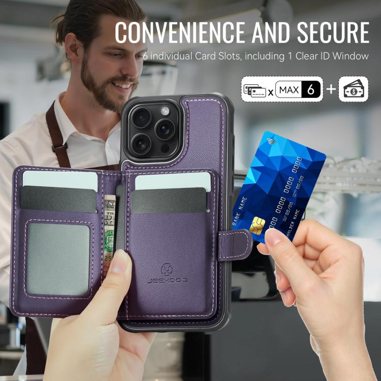 For iPhone 16 Pro JEEHOOD J09 Buckle Card Bag MagSafe Magnetic Style RFID Leather Phone Case(Purple) by JEEHOOD