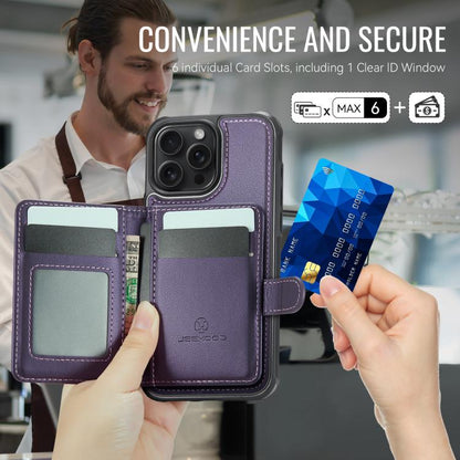 For iPhone 16 Pro JEEHOOD J09 Buckle Card Bag MagSafe Magnetic Style RFID Leather Phone Case(Purple) by JEEHOOD