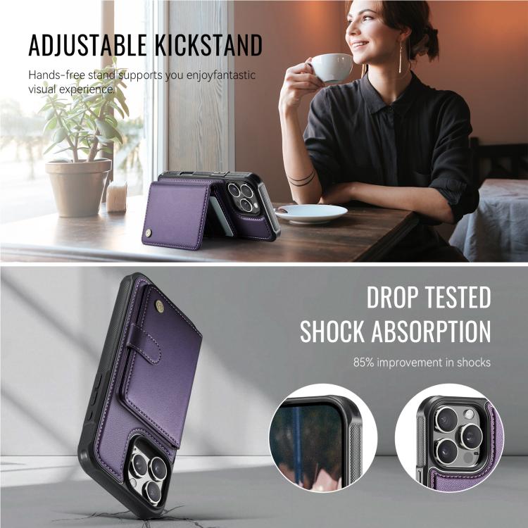 For iPhone 16 Pro JEEHOOD J09 Buckle Card Bag MagSafe Magnetic Style RFID Leather Phone Case(Purple) by JEEHOOD