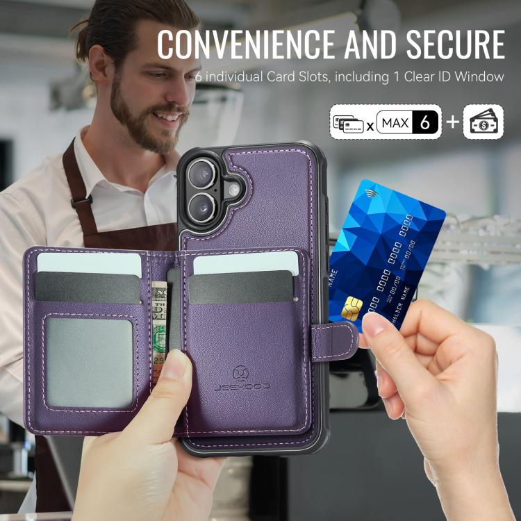 For iPhone 17 JEEHOOD J09 Buckle Card Bag MagSafe Magnetic Style RFID Leather Phone Case(Purple) by JEEHOOD