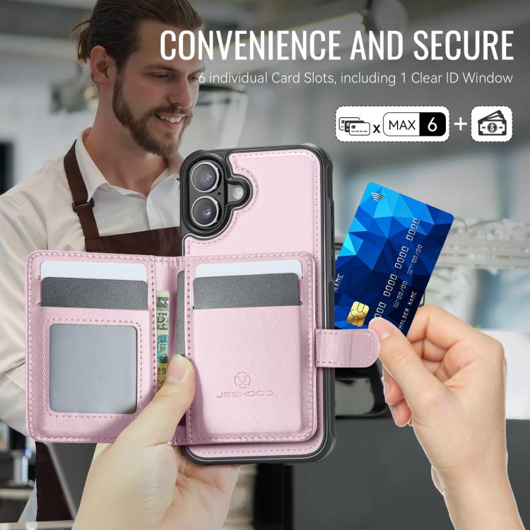 For iPhone 17 JEEHOOD J09 Buckle Card Bag MagSafe Magnetic Style RFID Leather Phone Case(Pink) by JEEHOOD