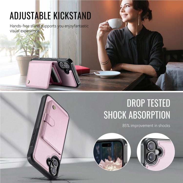 For iPhone 17 JEEHOOD J09 Buckle Card Bag MagSafe Magnetic Style RFID Leather Phone Case(Pink) by JEEHOOD