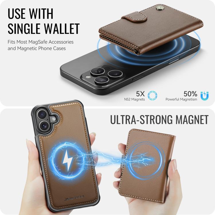 For iPhone 17 JEEHOOD J09 Buckle Card Bag MagSafe Magnetic Style RFID Leather Phone Case(Brown) by JEEHOOD