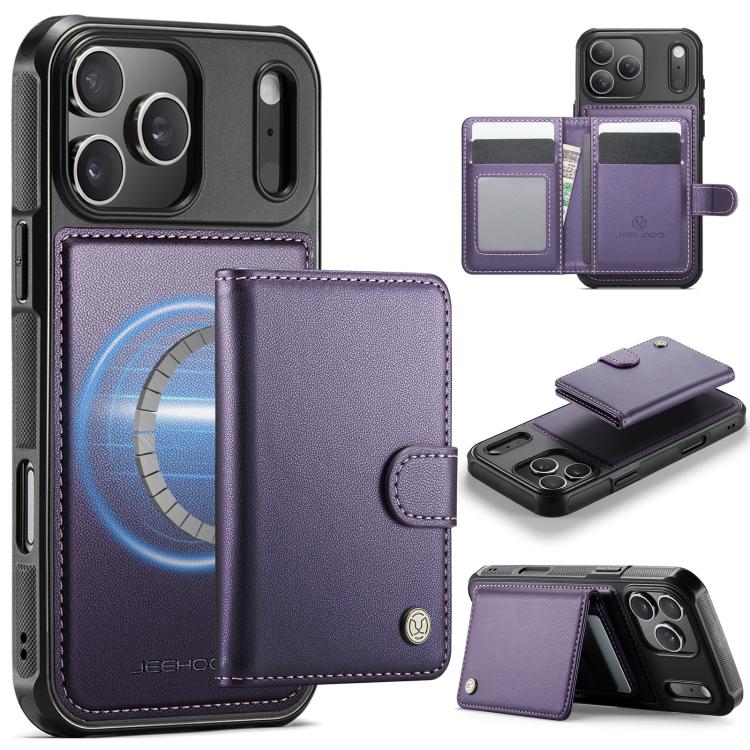 For iPhone 17 Pro Max JEEHOOD J09 Buckle Card Bag MagSafe Magnetic Style RFID Leather Phone Case(Purple) by JEEHOOD