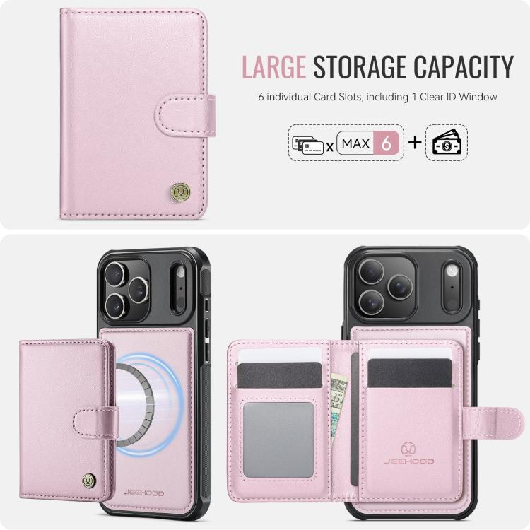 For iPhone 17 Pro Max JEEHOOD J09 Buckle Card Bag MagSafe Magnetic Style RFID Leather Phone Case(Pink) by JEEHOOD
