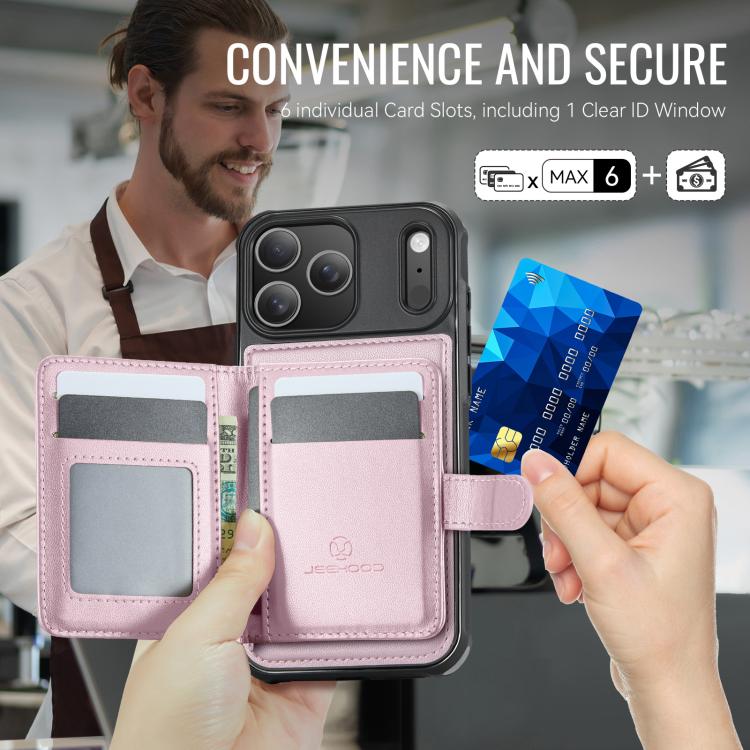 For iPhone 17 Pro Max JEEHOOD J09 Buckle Card Bag MagSafe Magnetic Style RFID Leather Phone Case(Pink) by JEEHOOD