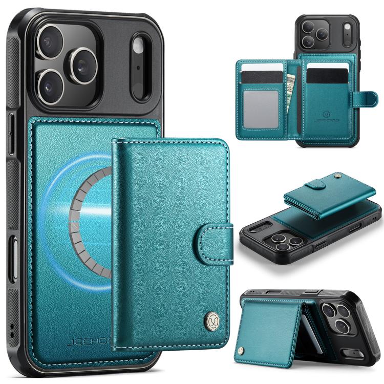 For iPhone 17 Pro Max JEEHOOD J09 Buckle Card Bag MagSafe Magnetic Style RFID Leather Phone Case(Green) by JEEHOOD