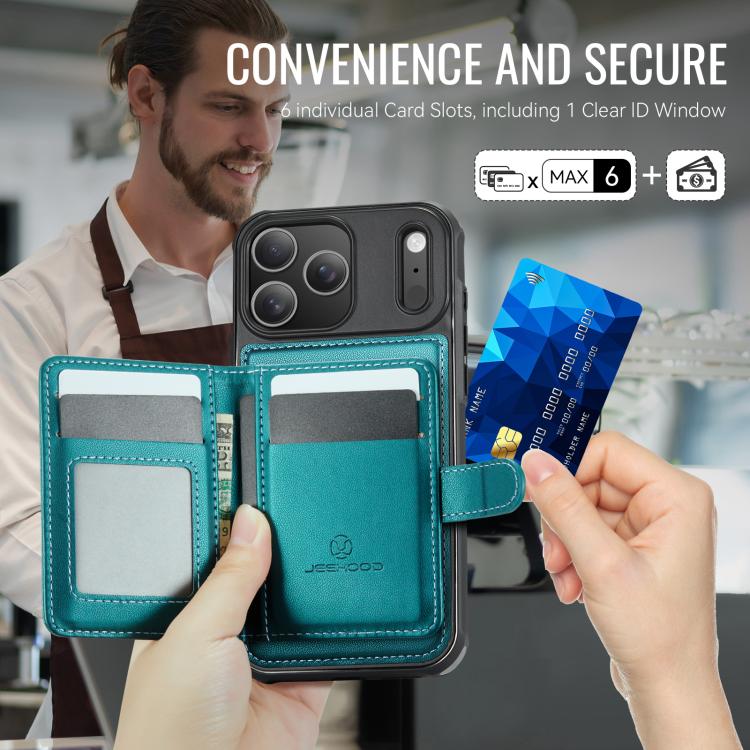 For iPhone 17 Pro Max JEEHOOD J09 Buckle Card Bag MagSafe Magnetic Style RFID Leather Phone Case(Green) by JEEHOOD