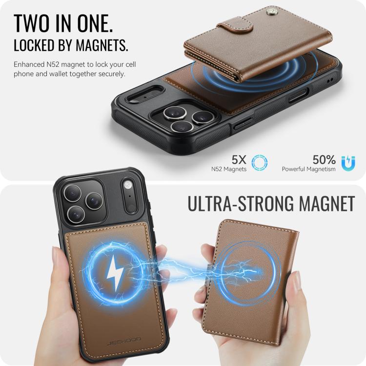 For iPhone 17 Pro Max JEEHOOD J09 Buckle Card Bag MagSafe Magnetic Style RFID Leather Phone Case(Brown) by JEEHOOD