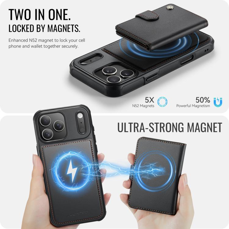 For iPhone 17 Pro Max JEEHOOD J09 Buckle Card Bag MagSafe Magnetic Style RFID Leather Phone Case(Black) by JEEHOOD