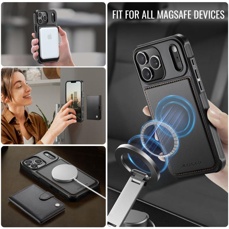 For iPhone 17 Pro Max JEEHOOD J09 Buckle Card Bag MagSafe Magnetic Style RFID Leather Phone Case(Black) by JEEHOOD