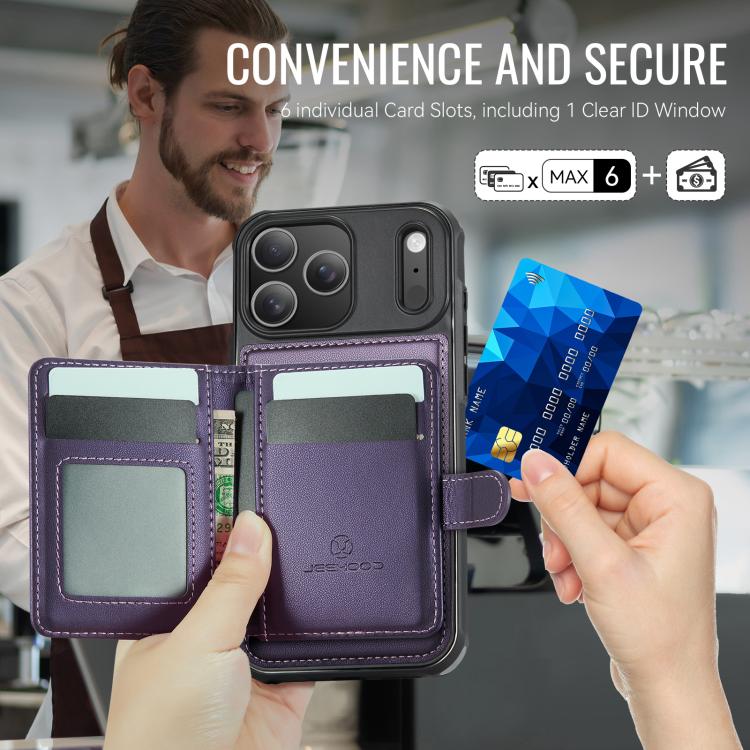 For iPhone 17 Pro JEEHOOD J09 Buckle Card Bag MagSafe Magnetic Style RFID Leather Phone Case(Purple) by JEEHOOD