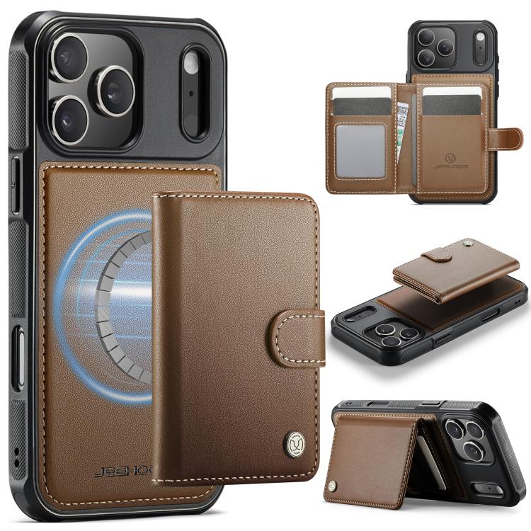 For iPhone 17 Pro JEEHOOD J09 Buckle Card Bag MagSafe Magnetic Style RFID Leather Phone Case(Brown) by JEEHOOD