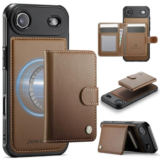 For iPhone Air JEEHOOD J09 Buckle Card Bag MagSafe Magnetic Style RFID Leather Phone Case(Brown) by JEEHOOD