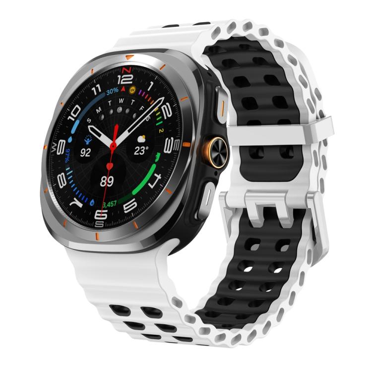 For Samsung Galaxy Watch Ultra / Ultra 2025 Ocean Two Color Dual-Row Hole Silver Buckle Silicone Watch Band(White Black) by bashfashion