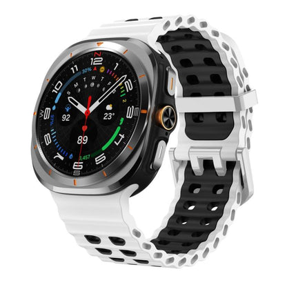 For Samsung Galaxy Watch Ultra / Ultra 2025 Ocean Two Color Dual-Row Hole Silver Buckle Silicone Watch Band(White Black) by bashfashion